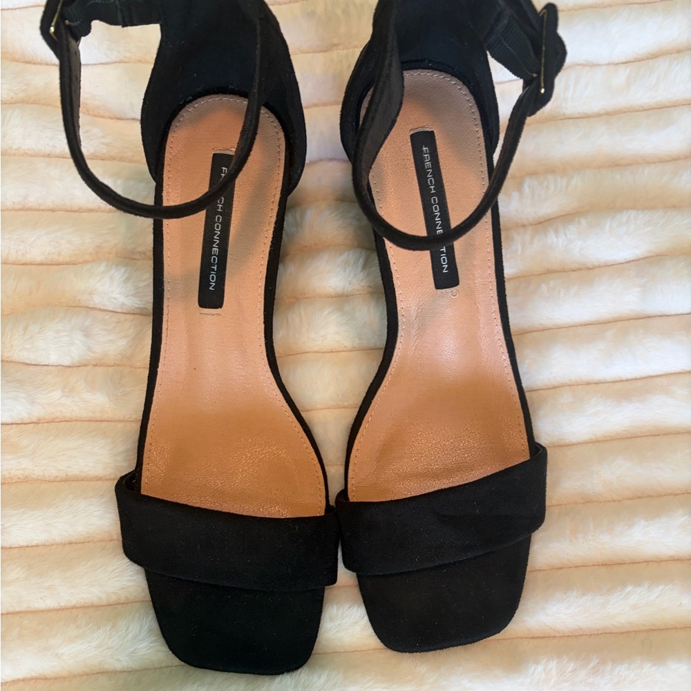 French Connection Black Suede Ankle-Strap Block Heel Sandals